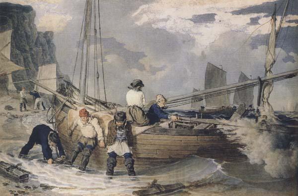 John Augustus Atkinson Fishermen hauling out ready to put to sea (mk47) Norge oil painting art